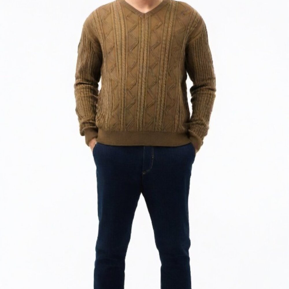 Lyle & Scott Mens Brown Cable Knit V-Neck Sweater L Combed Cotton Scotland